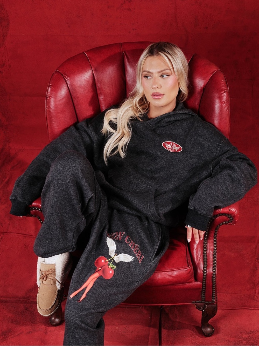 Charcoal Graphic Hoodie & Sweatpants Set with Cherry Motif